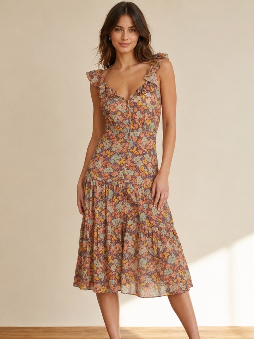 Veronica Beard Malgosia Floral Ruffle Midi Dress Size 8